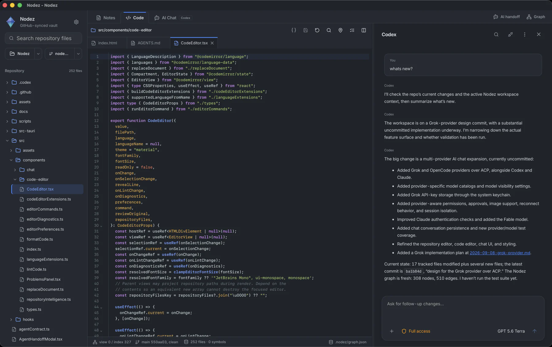 The Nodez window with the Code tab open on CodeEditor.tsx, the repository file tree on the left, and the AI Chat panel on the right running Codex against the vault.
